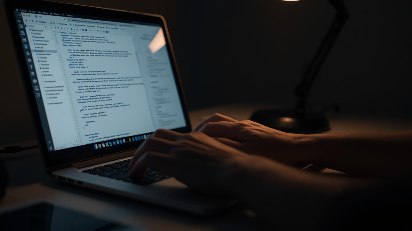 Laptop με ανοιχτό WordPress editor ή απλό κειμενογράφο, χέρια στο πληκτρολόγιο που γράφουν διαφορετικά σενάρια για meta descriptions
