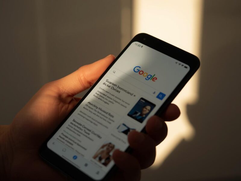 Χέρι που κρατά κινητό με ανοιχτό browser ή αναζήτηση Google και διαβάζει τη meta description