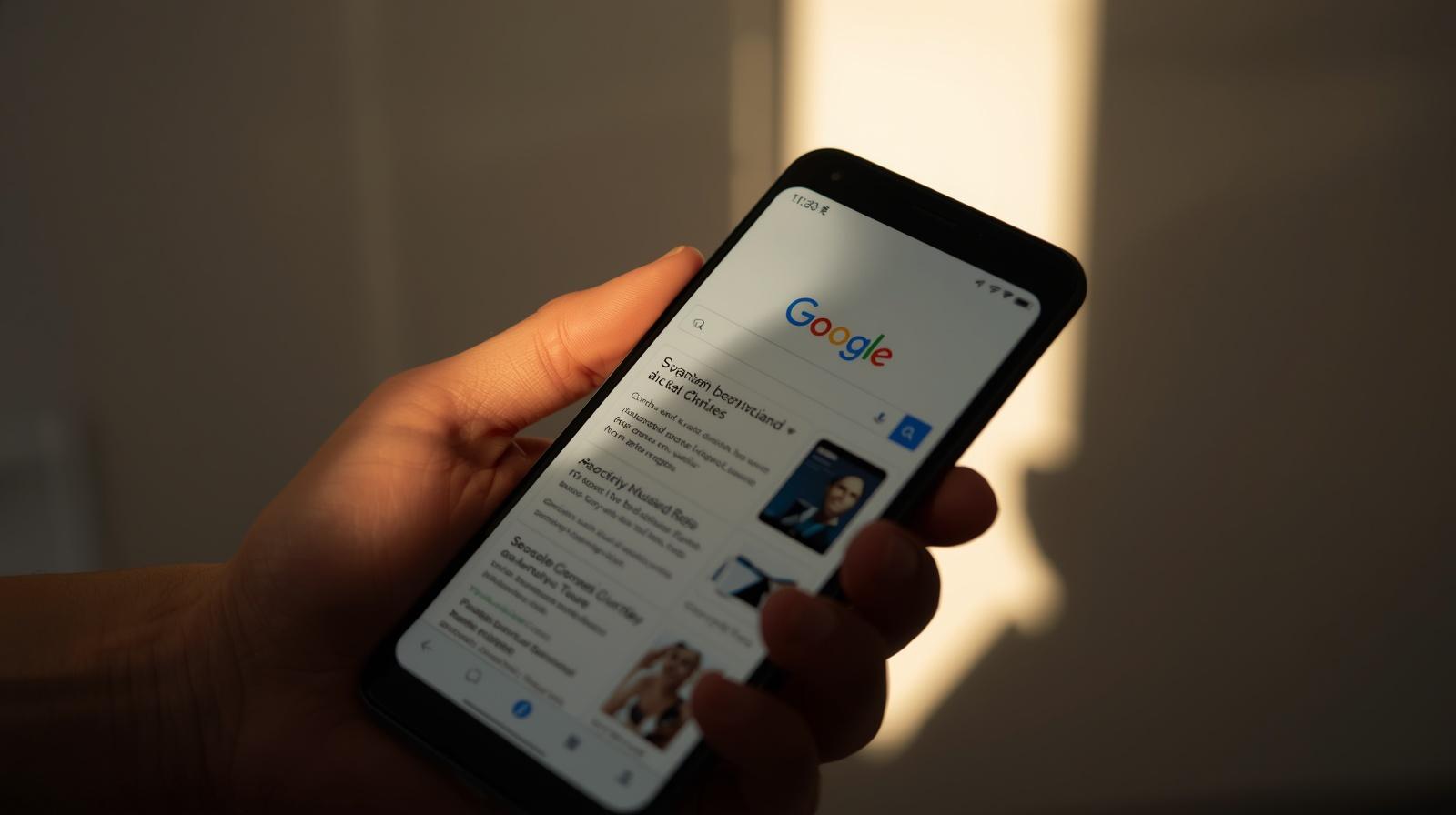 Χέρι που κρατά κινητό με ανοιχτό browser ή αναζήτηση Google και διαβάζει τη meta description